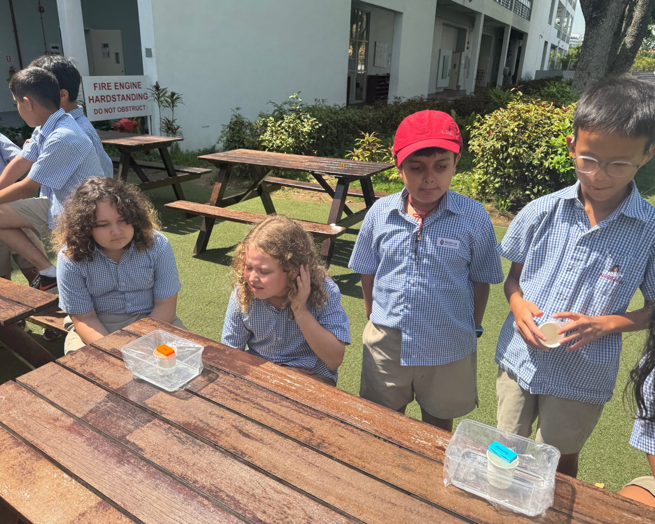 Students testing their water recycling model in class